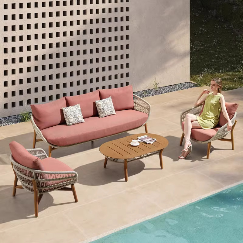 户外柚木藤编沙发庭院北欧休闲露台别墅阳台花园藤椅家具茶几组合