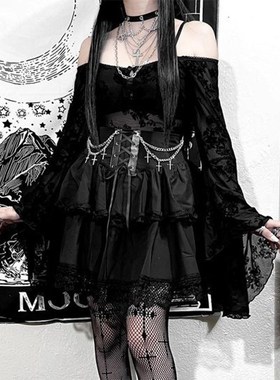 WY23117万圣节秋季新款高腰绑带十字架链条朋克风蕾丝辣妹短裙女