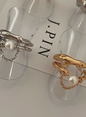 S925纯银不规则链条戒指小红书博主双层珍珠指环小众百搭高级感女