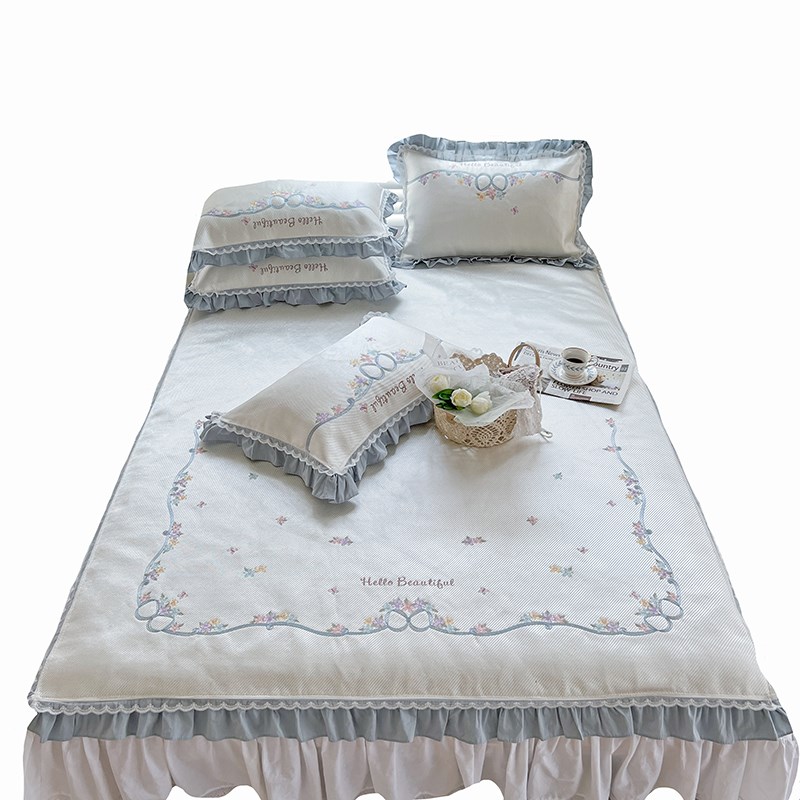 夏季公主风刺绣空调冰丝凉席可机水洗蓝色小清新单双人凉感软席子