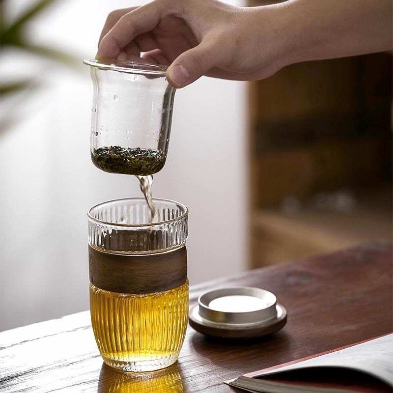 日式玻璃泡茶杯茶水分离杯办公室花E茶杯防烫高硼硅过滤带内胆家