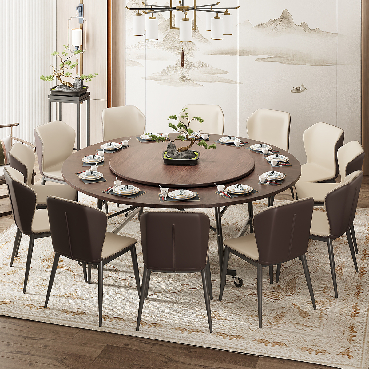 折叠桌子新中式大餐n桌圆桌20人家用可折叠吃饭桌子圆形餐桌带转