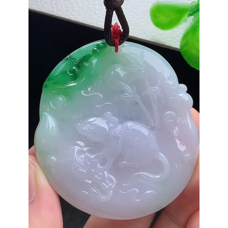 缅甸天然A货玉石翡翠 老坑冰种 手工精雕 飘绿生肖鼠牌吊坠