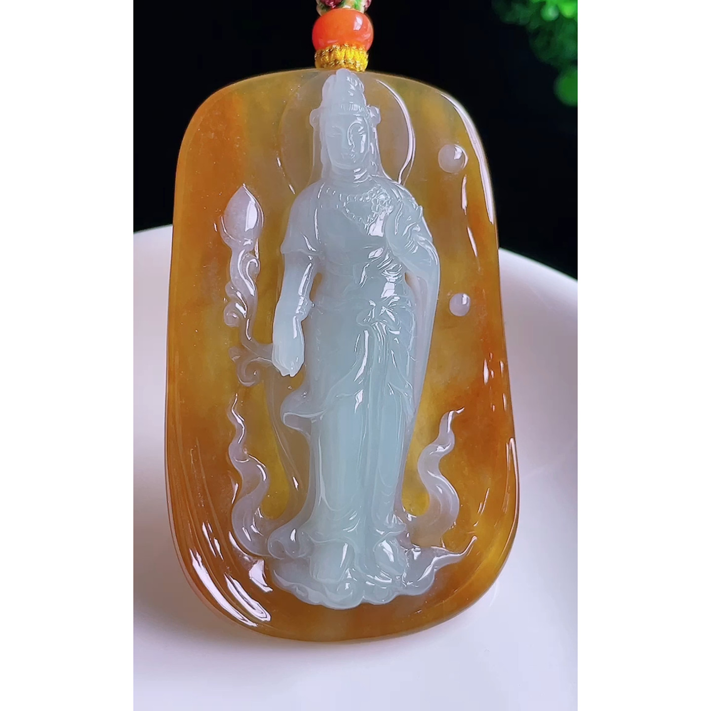 缅甸天然A货玉石翡翠 老坑冰种手工精雕黄加绿观音吊坠