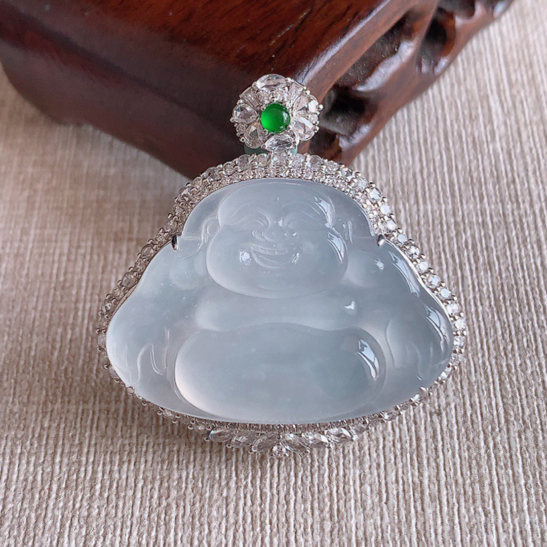 缅甸天然A货玉石翡翠 老坑冰种 手工精雕18K金伴钻白月光佛公吊坠