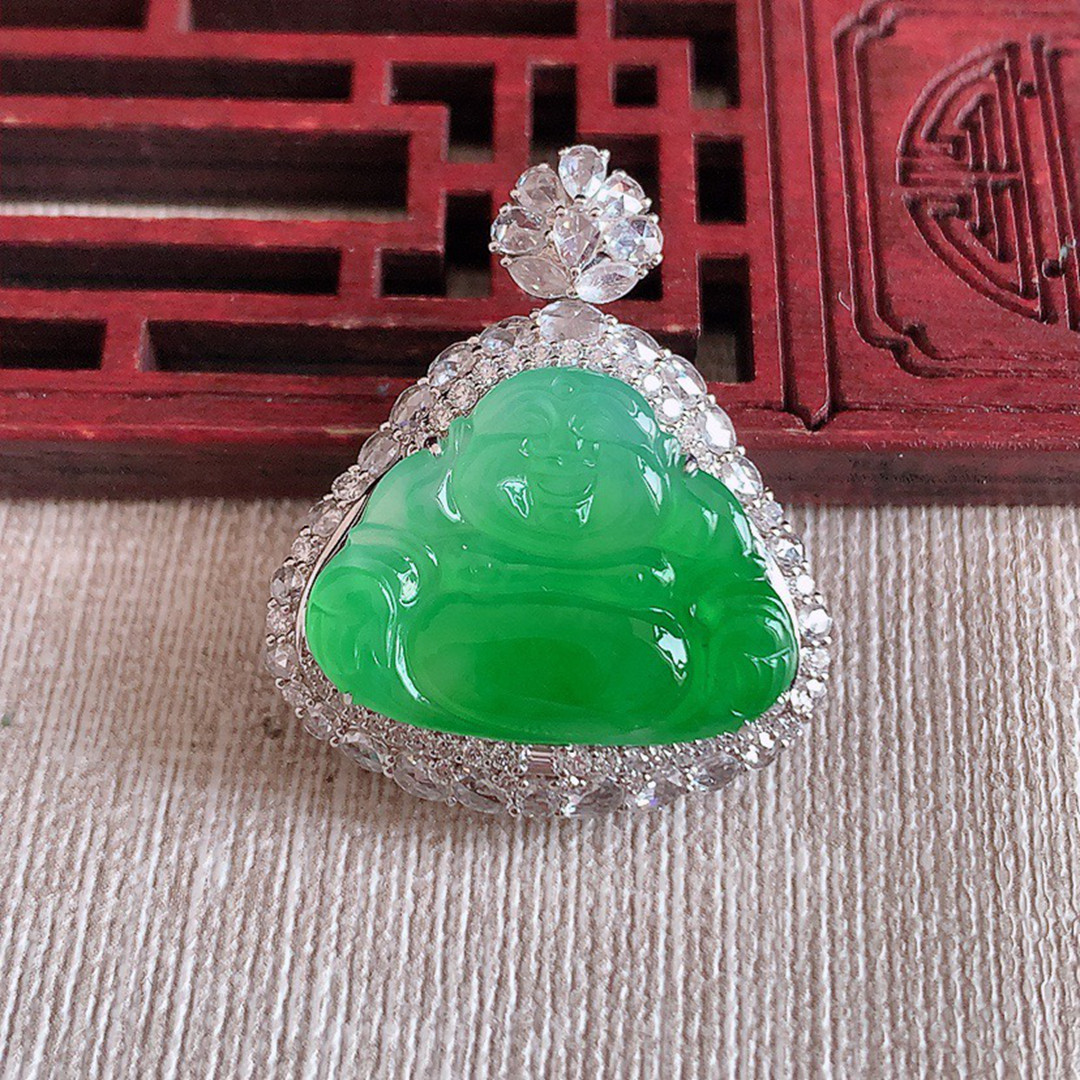 缅甸天然A货玉石翡翠 老坑冰种 手工精雕 18K金伴钻阳绿佛公吊坠