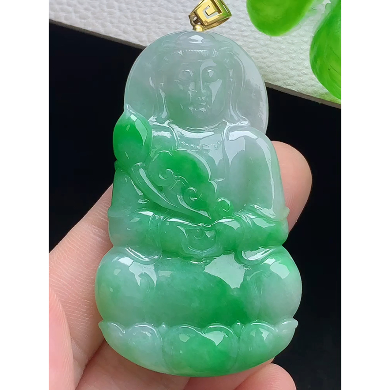缅甸天然A货玉石翡翠老坑冰种手工精雕18k金扣镶细糯飘绿观音吊坠