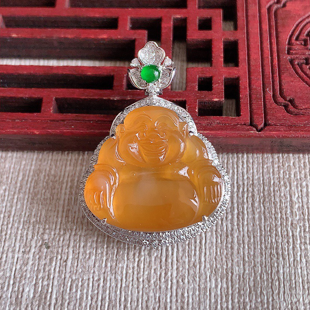 缅甸天然A货玉石翡翠 老坑冰种 手工精雕 18K金伴钻黄翡佛公吊坠