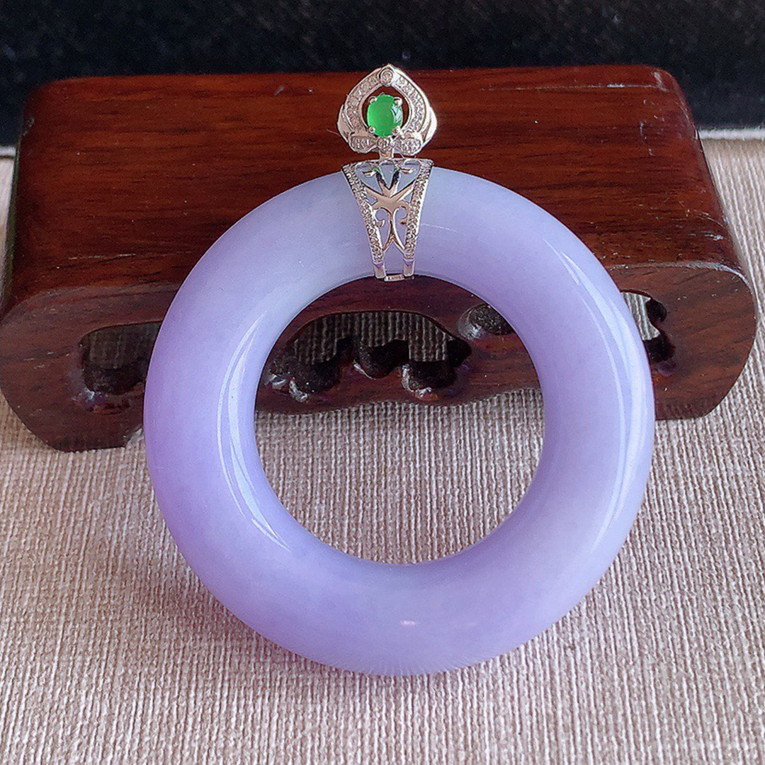 缅甸天然A货玉石翡翠老坑冰种手工精雕18K金伴钻紫罗兰平安环吊坠