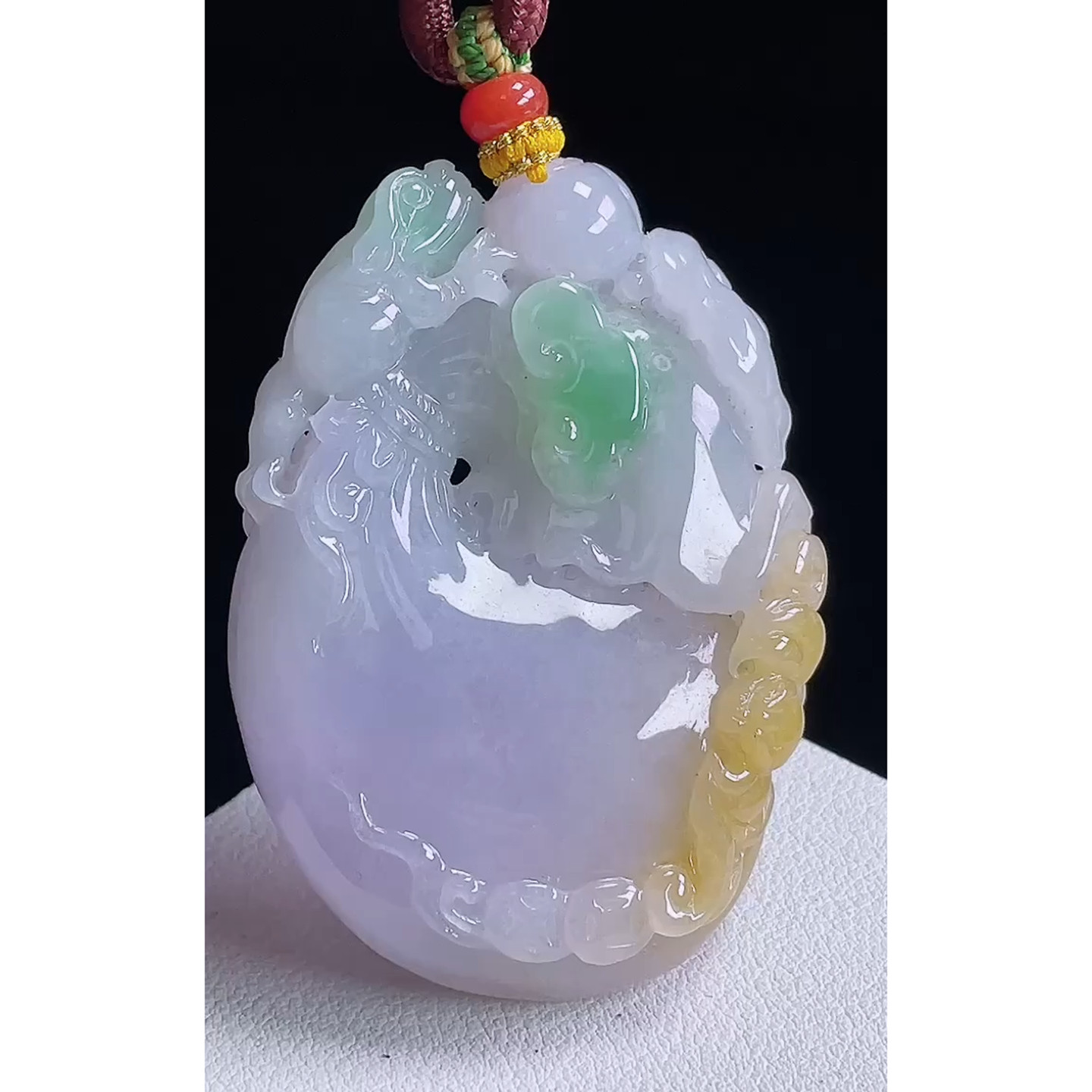 缅甸天然A货玉石翡翠 老坑冰种手工精雕紫飘绿金蟾钱袋吊坠