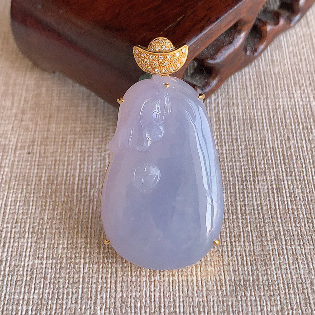 缅甸天然A货玉石翡翠 老坑冰种 手工精雕18K金伴钻紫罗兰福袋吊坠