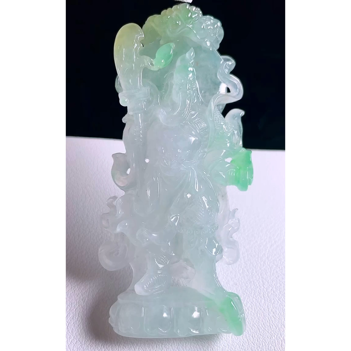 缅甸天然A货玉石翡翠 老坑冰种手工精雕三彩站关公吊坠