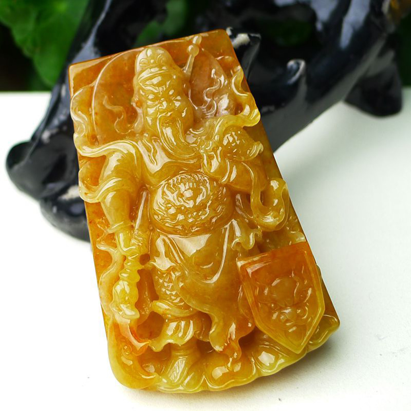 缅甸天然A货玉石翡翠 老坑冰种手工精雕红翡 满红 关公吊坠
