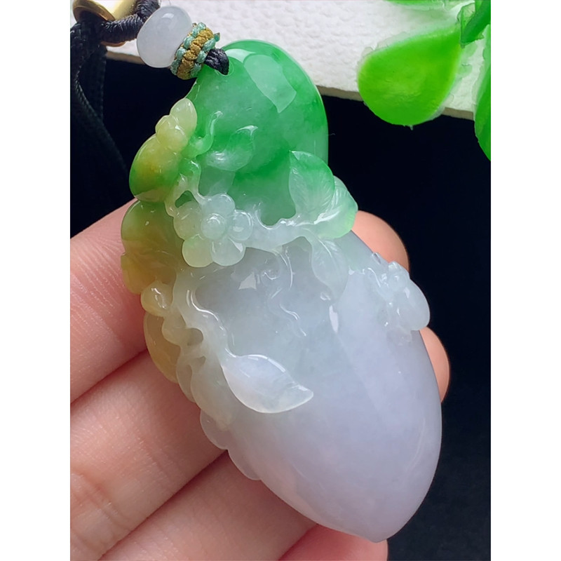 缅甸天然A货玉石翡翠 老坑冰种 手工精雕 黄加绿寿桃吊坠