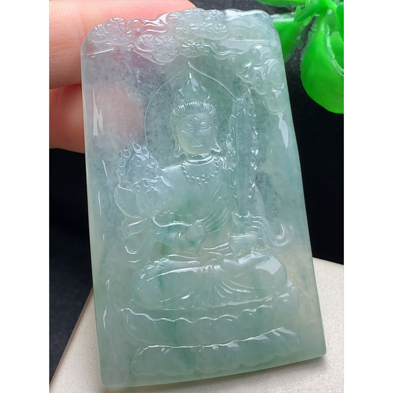 缅甸天然A货玉石翡翠 老坑冰种 手工精雕 虚空藏菩萨牌吊坠