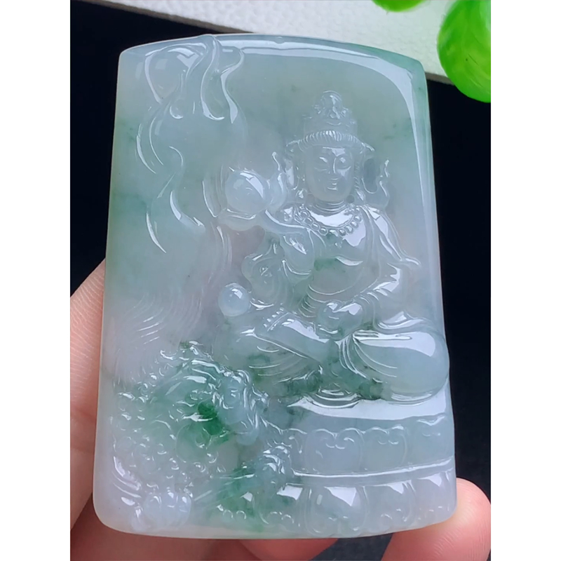 缅甸天然A货玉石翡翠 老坑冰种 手工精雕 飘花文殊菩萨吊坠