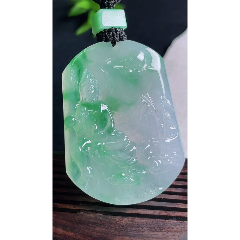 缅甸天然A货玉石翡翠 老坑冰种 手工精雕 飘阳绿竹林观音吊坠