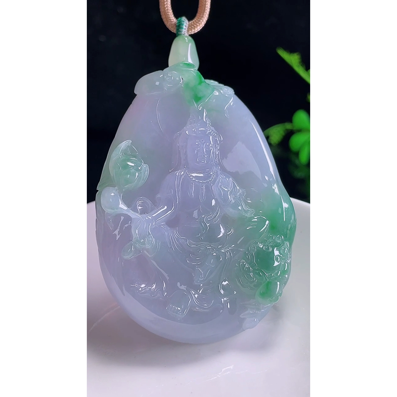 缅甸天然A货玉石翡翠 老坑冰种 手工精雕 紫飘绿文殊菩萨吊坠