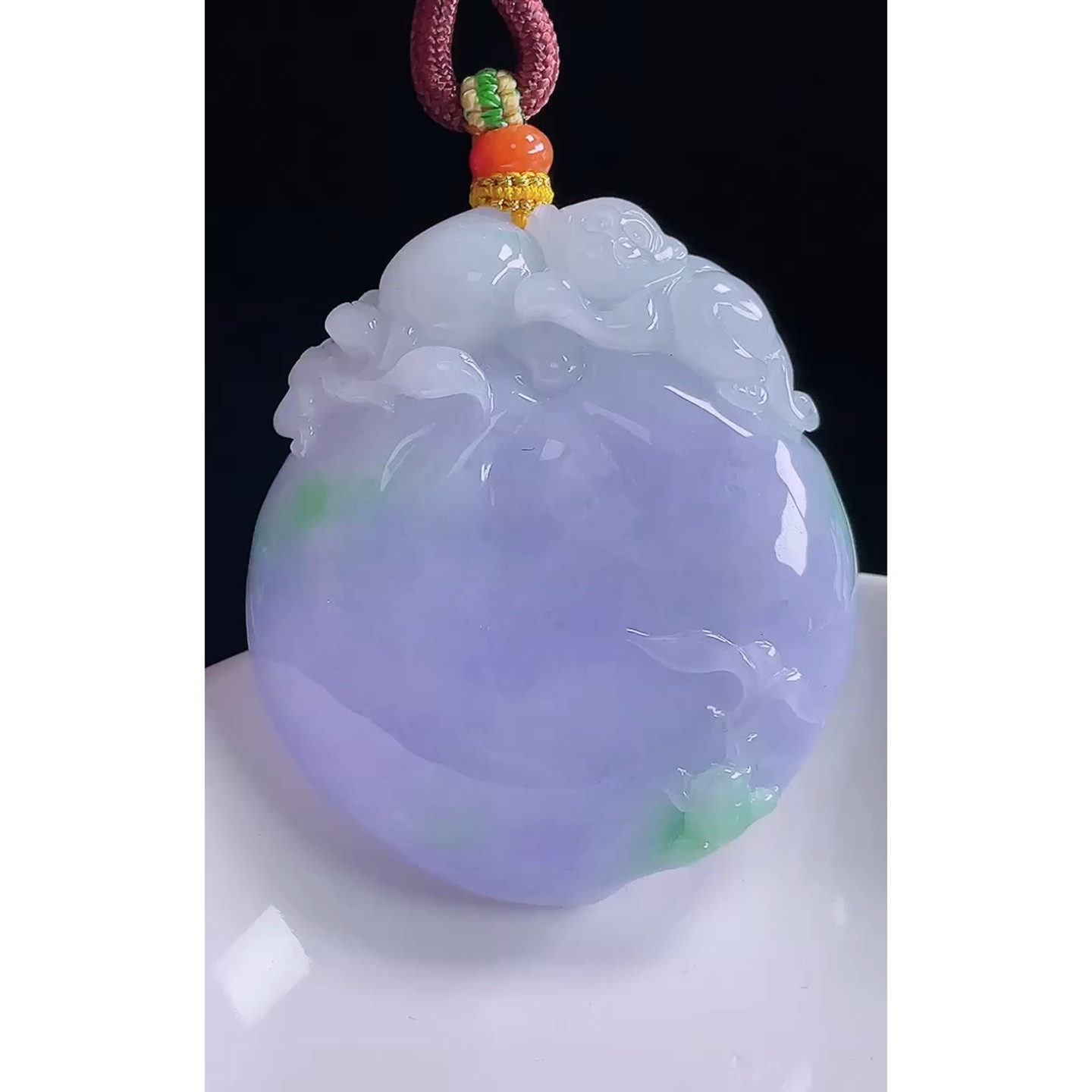 缅甸天然A货玉石翡翠 老坑冰种手工精雕紫罗兰大桃子吊坠