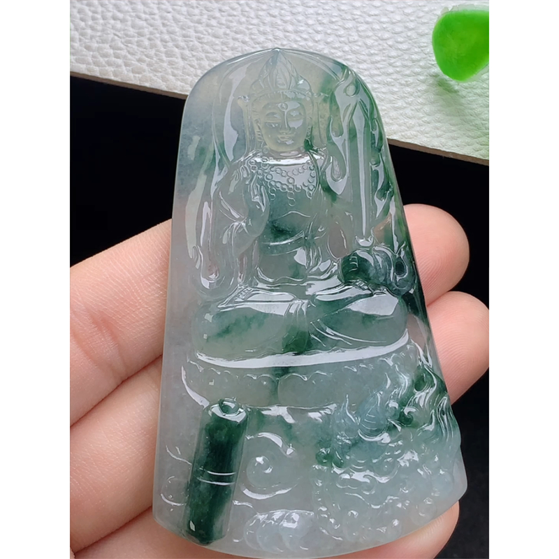 缅甸天然A货玉石翡翠 老坑冰种 手工精雕 飘花文殊菩萨吊坠
