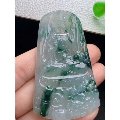 缅甸天然A货玉石翡翠 老坑冰种 手工精雕 飘花文殊菩萨吊坠