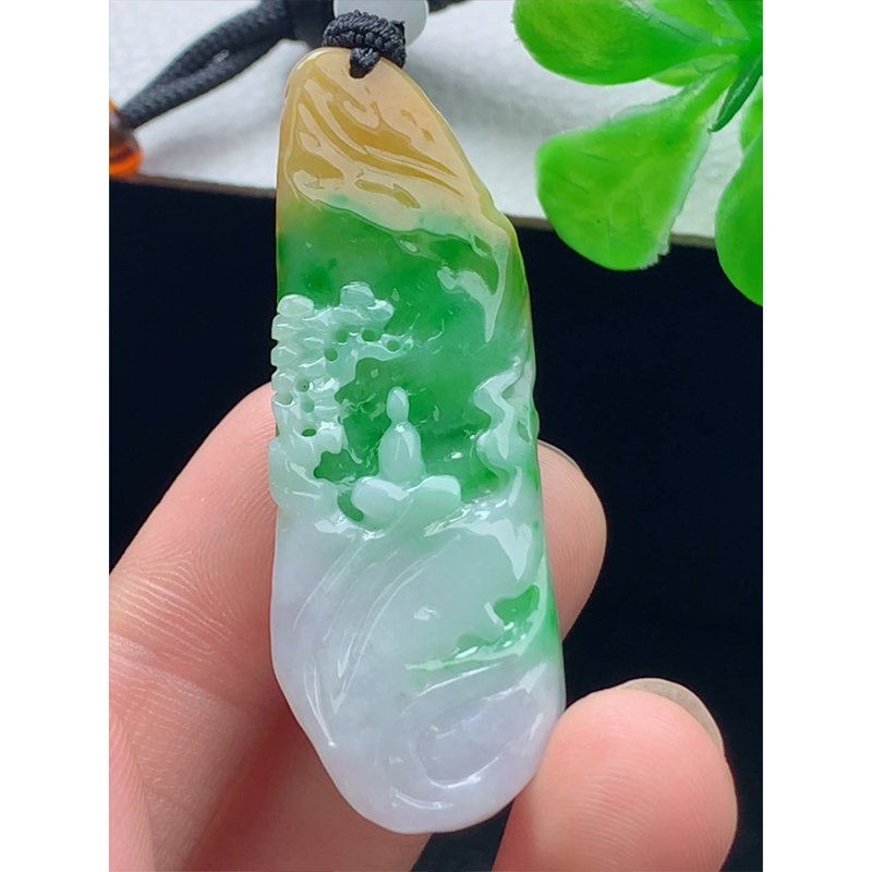 缅甸天然A货玉石翡翠 老坑冰种 手工精雕 黄加绿悟道吊坠