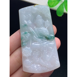 缅甸天然A货玉石翡翠 老坑冰种手工精雕飘花虚空藏菩萨牌吊坠