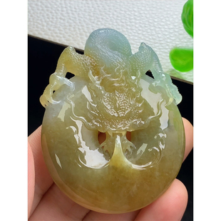 缅甸天然A货玉石翡翠 老坑冰种 手工精雕 黄翡盘龙平安扣吊坠