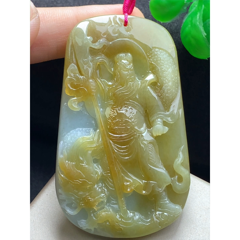 缅甸天然A货玉石翡翠 老坑冰种 手工精雕 黄翡关公武财神吊坠