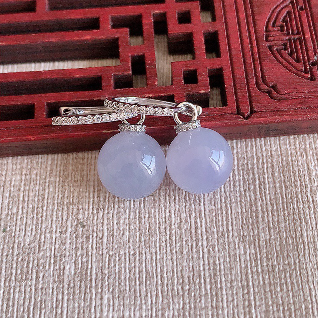 缅甸天然A货玉石翡翠 老坑冰种 手工精雕18K金伴钻紫罗兰圆珠耳坠