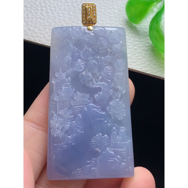 缅甸天然A货玉石翡翠 老坑冰种 手工精雕 18k金紫罗兰山水牌吊坠