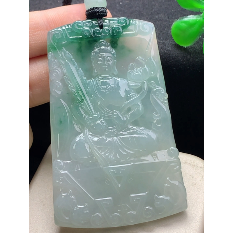 缅甸天然A货玉石翡翠 老坑冰种 手工精雕 飘花虚空藏菩萨牌吊坠