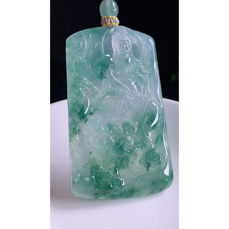 缅甸天然A货玉石翡翠 老坑精雕冰种 手工雕刻 飘花山水观音吊坠