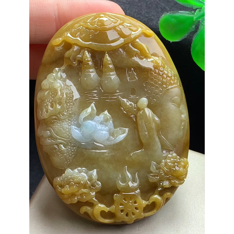 缅甸天然A货玉石翡翠 老坑冰种 手工精雕 黄翡一念之间吊坠