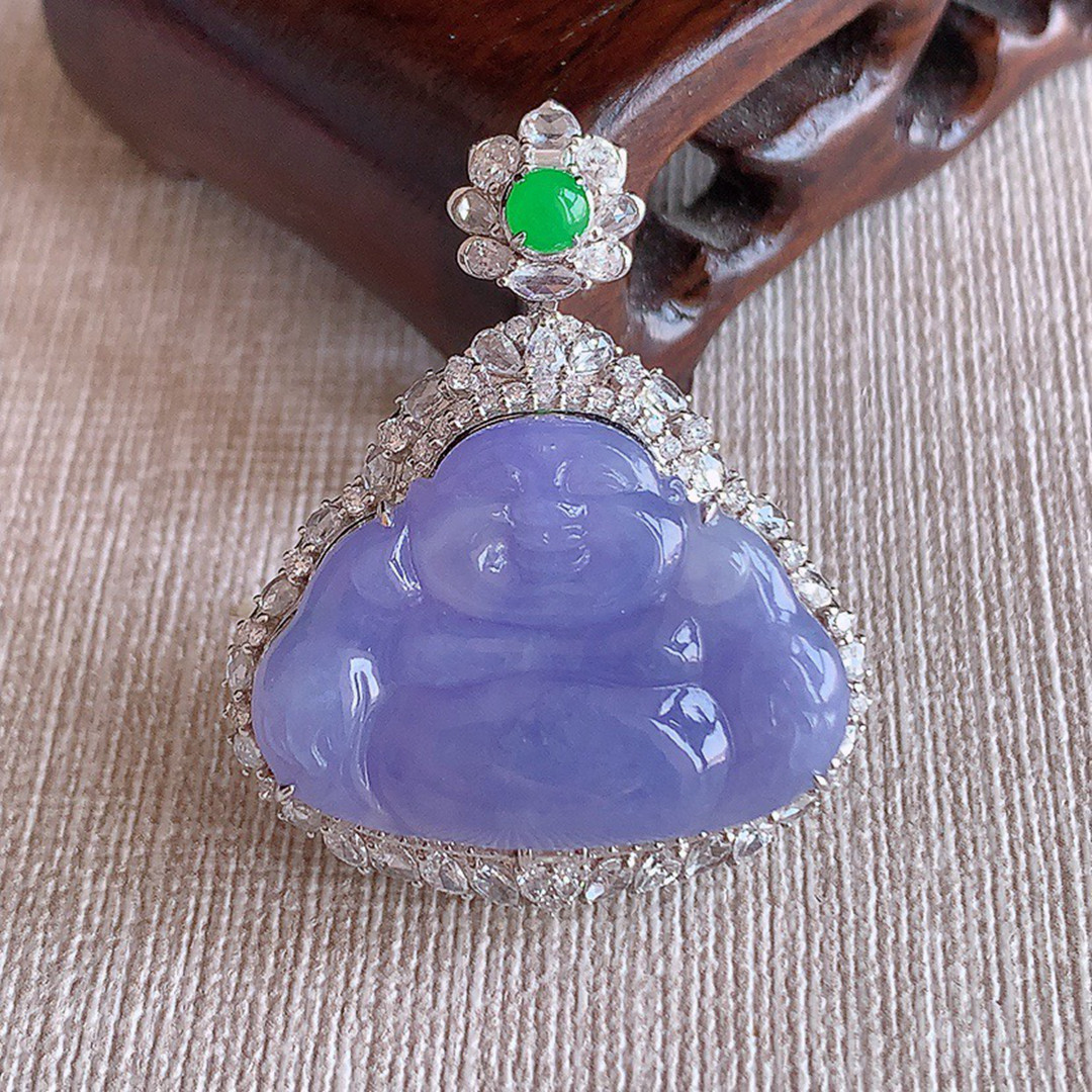 缅甸天然A货玉石翡翠 老坑冰种 手工精雕18K金伴钻紫罗兰佛公吊坠