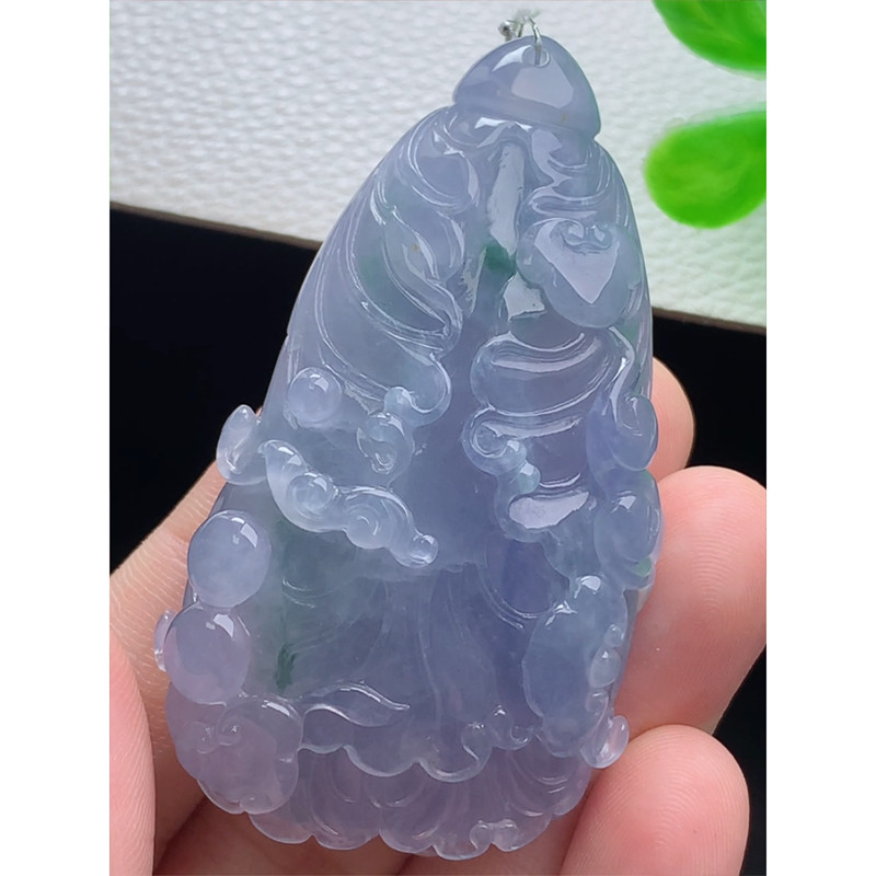 缅甸天然A货玉石翡翠 老坑冰种 手工精雕 紫罗兰白菜吊坠
