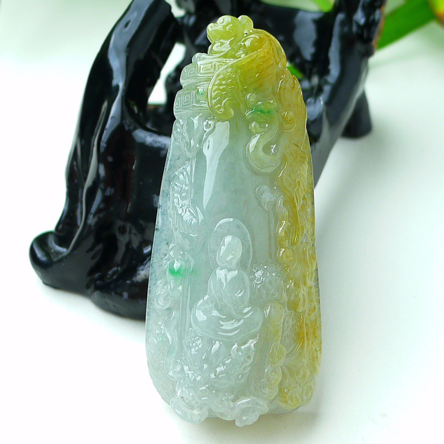 缅甸天然A货玉石翡翠 老坑冰种手工精雕双彩悟道吊坠