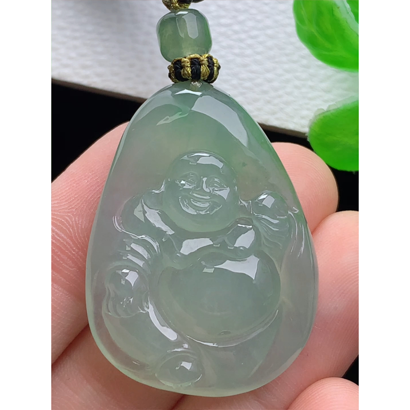 缅甸天然A货玉石翡翠 老坑冰种 手工精雕 弥勒佛吊坠