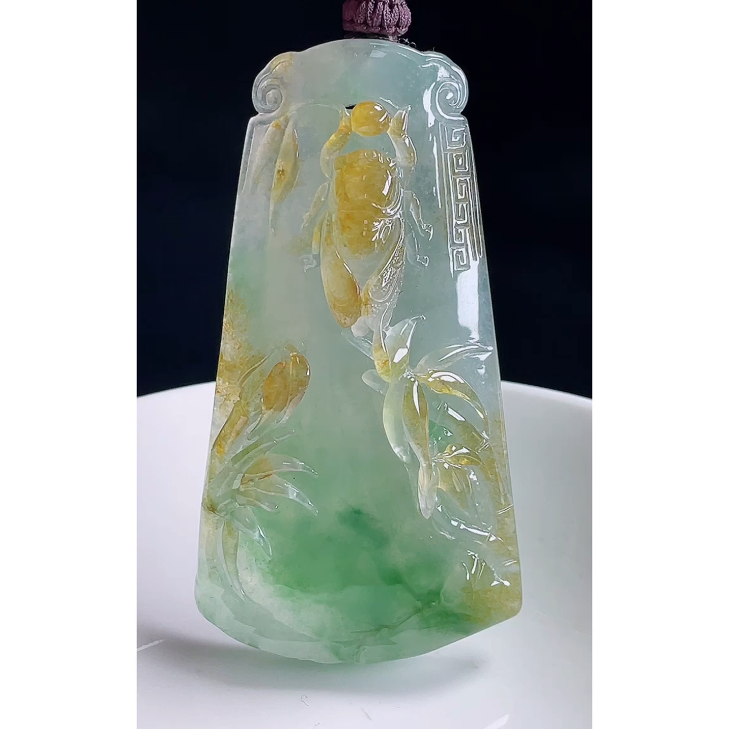 缅甸天然A货玉石翡翠 老坑冰种手工精雕黄加绿竹节吊坠