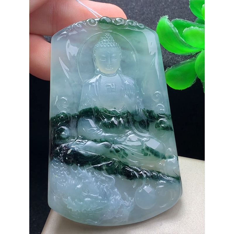 缅甸天然A货玉石翡翠 老坑冰种 手工精雕 飘花阿弥陀佛菩萨牌吊坠