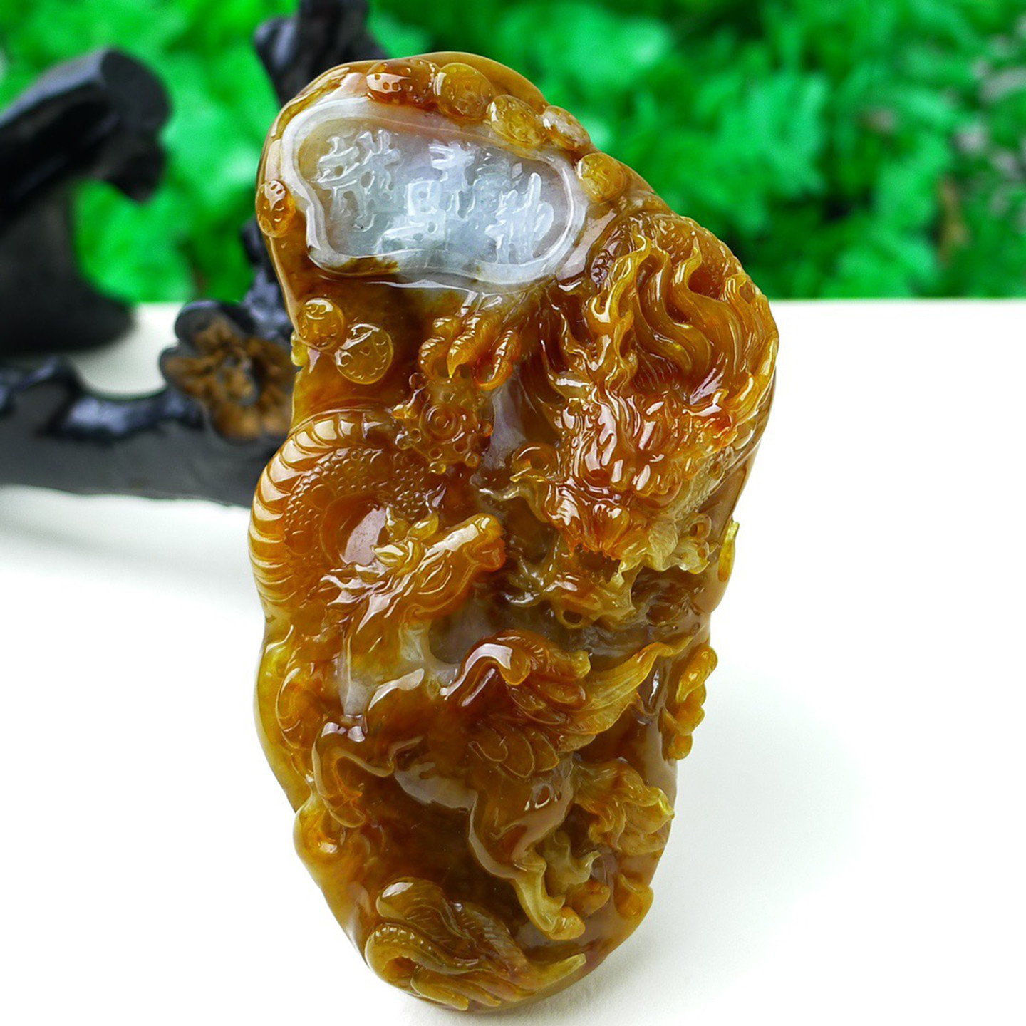 缅甸天然A货玉石翡翠 老坑冰种手工精雕双彩俏色红翡 龙牌吊坠