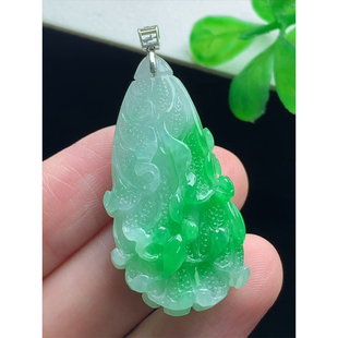 缅甸天然A货玉石翡翠老坑冰种手工精雕飘阳绿18k金扣镶嵌白菜吊坠