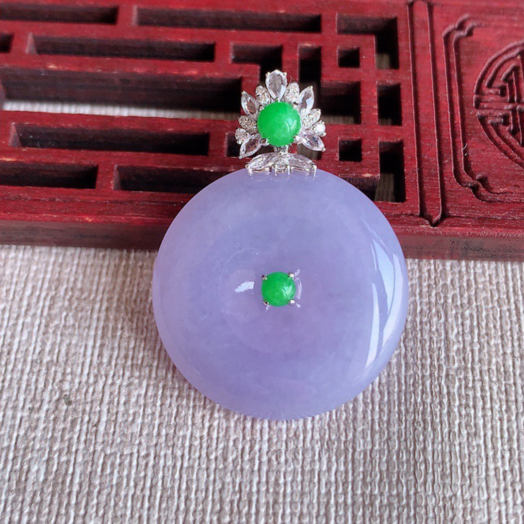 缅甸天然A货玉石翡翠老坑冰种手工精雕18K金伴钻紫罗兰平安扣吊坠