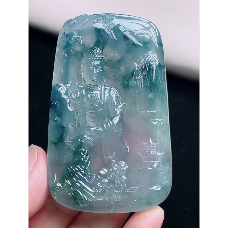缅甸天然A货玉石翡翠 老坑精雕冰种 手工雕刻 飘花大日如来佛吊坠