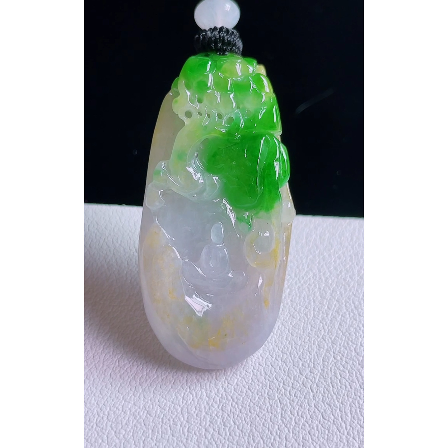 缅甸天然A货玉石翡翠 老坑冰种手工精雕黄加绿悟道吊坠