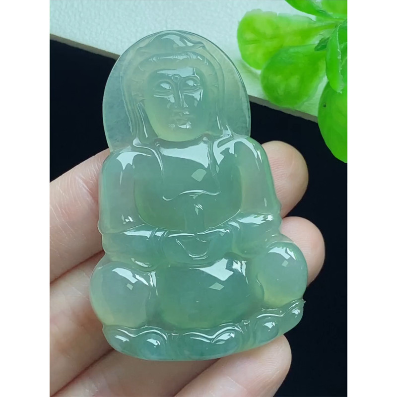 缅甸天然A货玉石翡翠 老坑冰种 手工精雕 晴绿观音吊坠