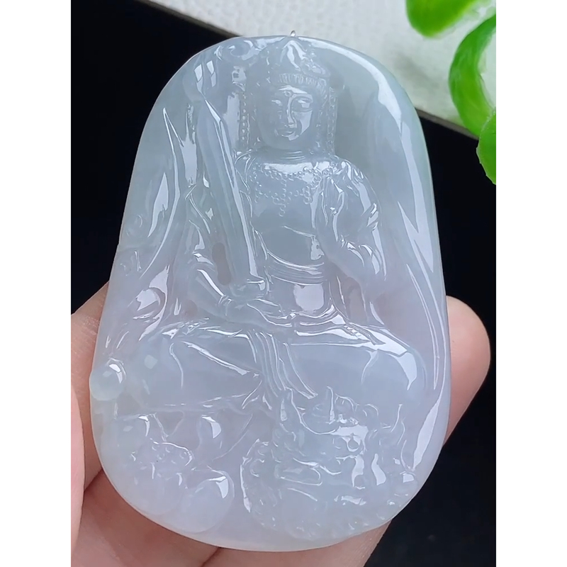 缅甸天然A货玉石翡翠 老坑冰种 手工精雕 文殊菩萨吊坠