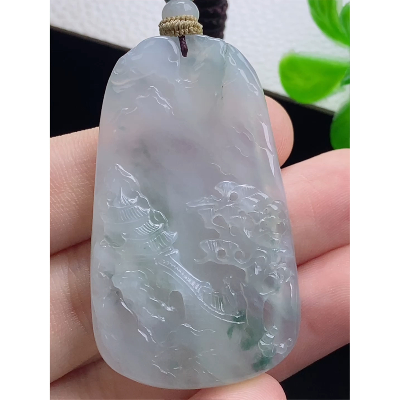 缅甸天然A货玉石翡翠 老坑冰种 手工精雕 山水牌吊坠