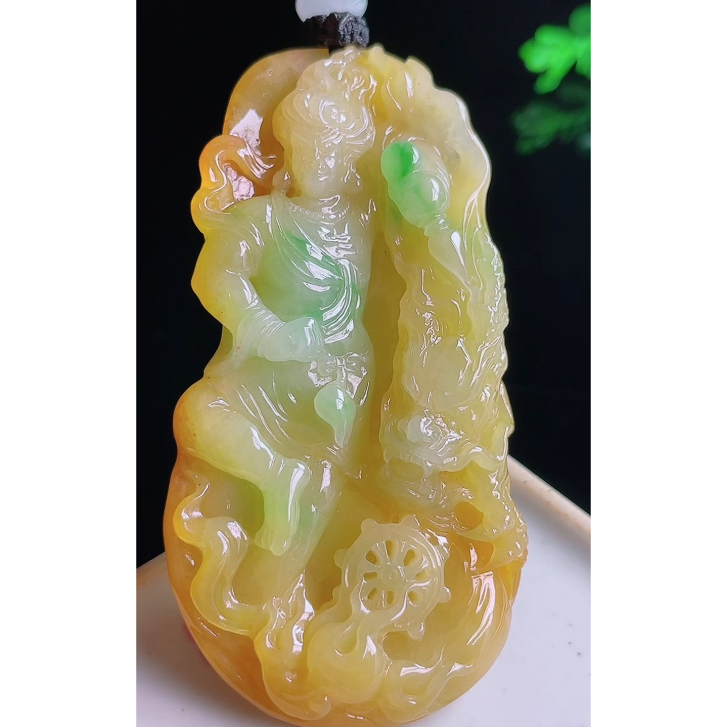 缅甸天然A货玉石翡翠 老坑冰种手工精雕黄翡飘绿祥龙不动明王吊坠