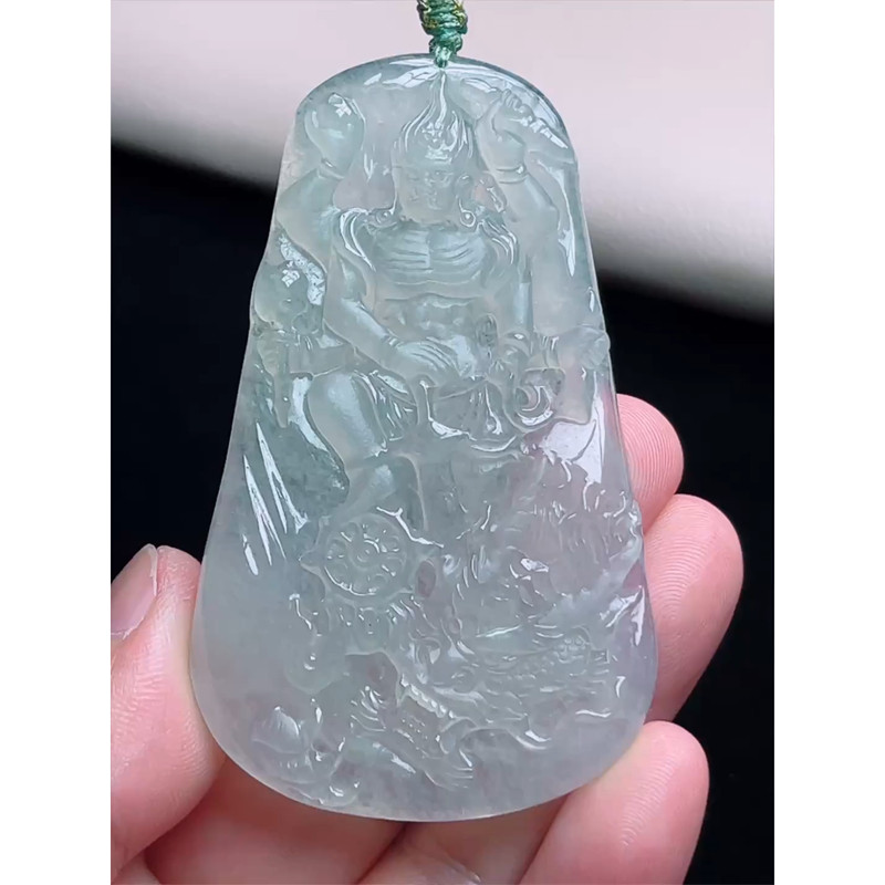 缅甸天然A货玉石翡翠 老坑冰种 手工精雕 御龙不动明王吊坠